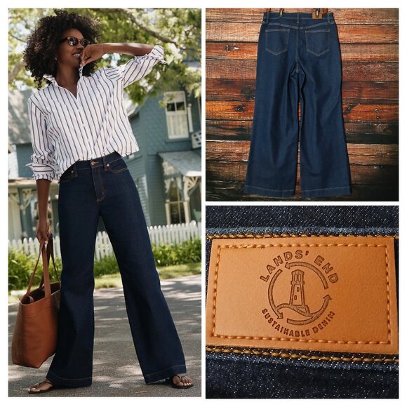 Lands End Jeans Size 14 Recover Wide Leg High Rise Dark Blue Denim Stretch - Picture 1 of 11